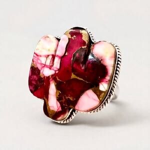 Red Rose Dahlia Cactus Sterling Silver Ring Massive! Size 8 Boho Artisan Made